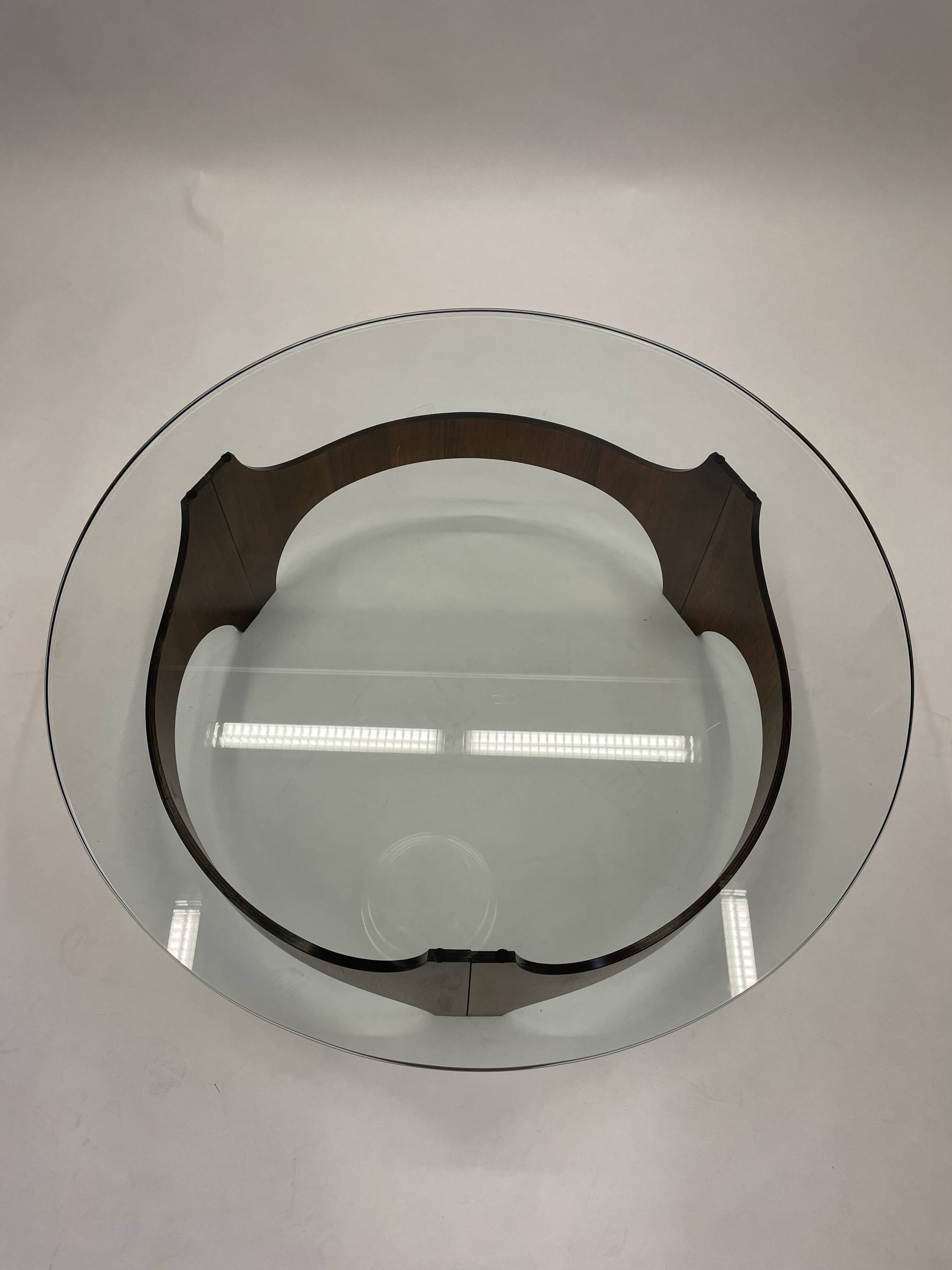 Mid-Century Circular Coffee Table with Wooden Base and Glass Top