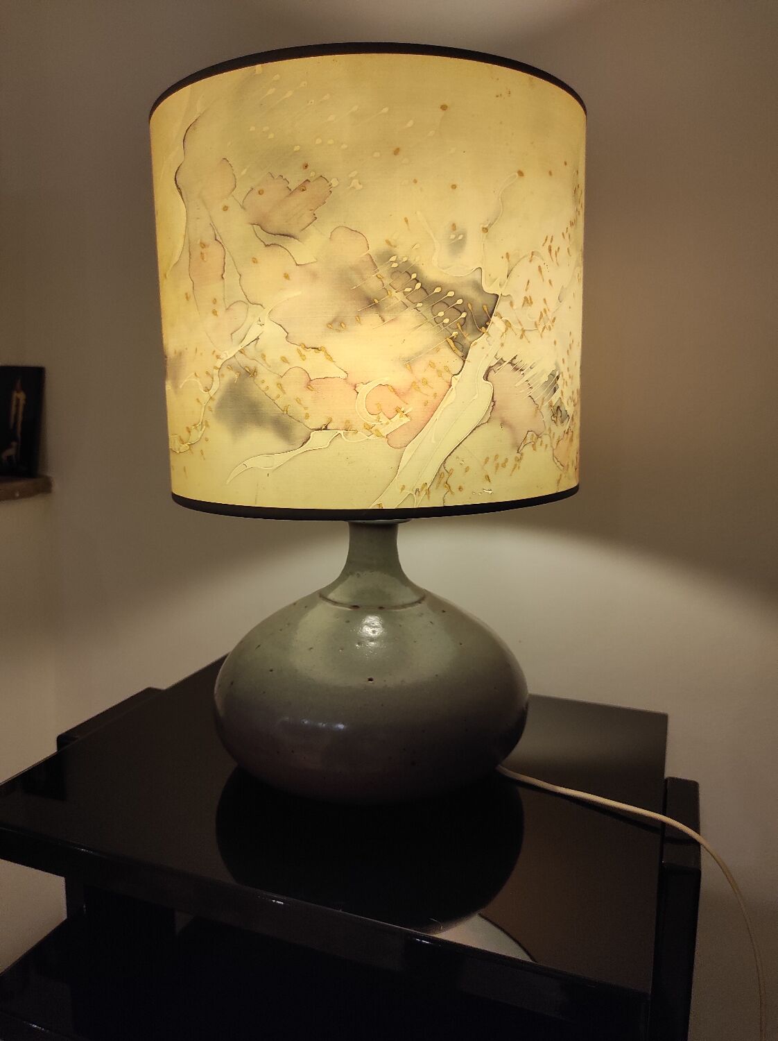 Vintage ceramic lamp signed & hand-painted silk shade 70s