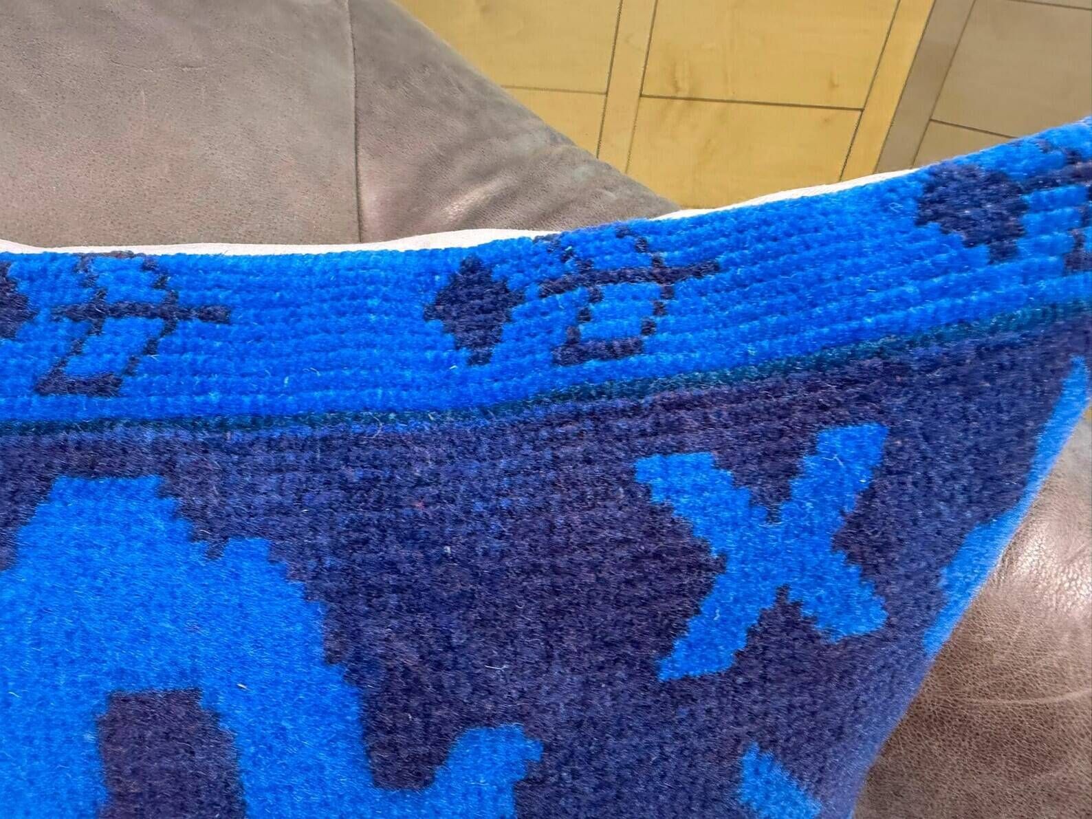 Asymmetric Blue Turkish Rug Pillow, 16x16 Square Wool Cushion Cover