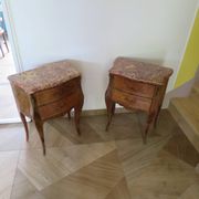 Paire de 2 chevets-louis xv-marqueterie-2 tiroirs-marbre rose