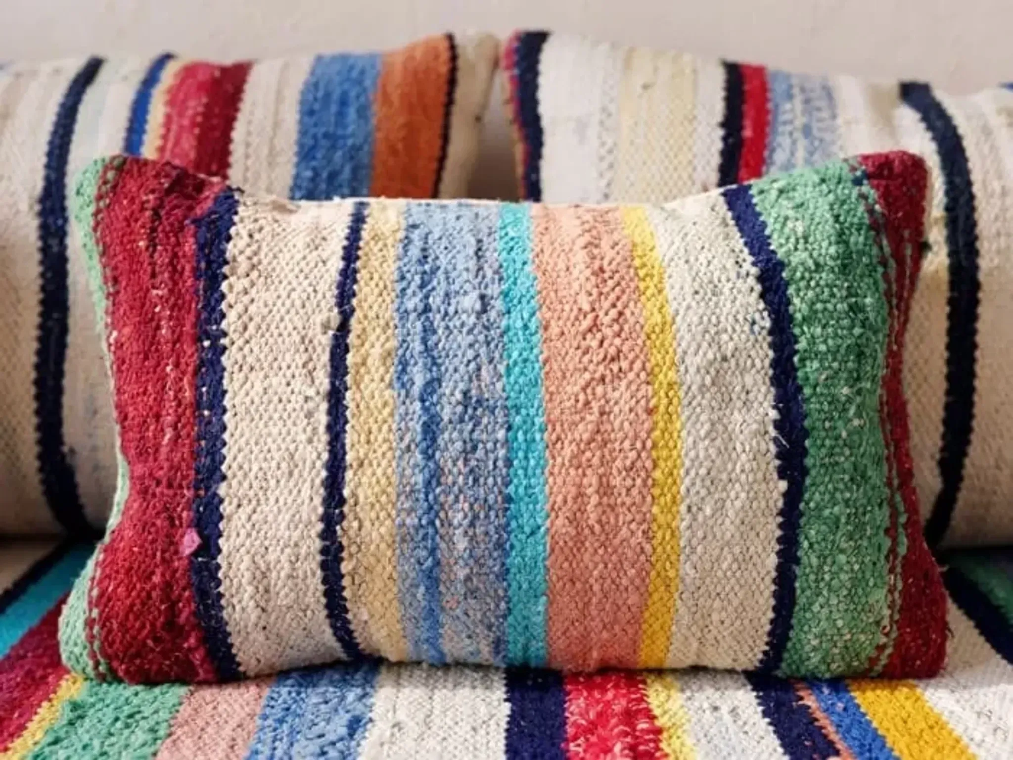Multicoloured bohemian floor cushion – Handwoven striped recycled cotton