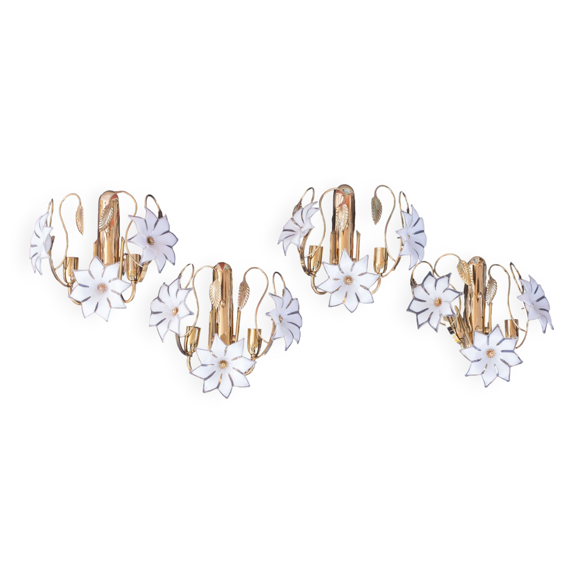 Set of 4 Murano White Flowers Wall Light, 1970s