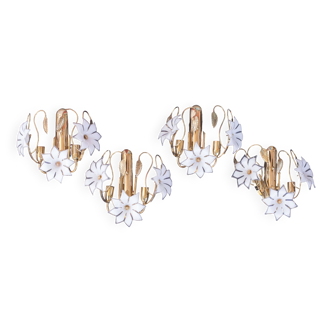 Set of 4 Murano White Flowers Wall Light, 1970s