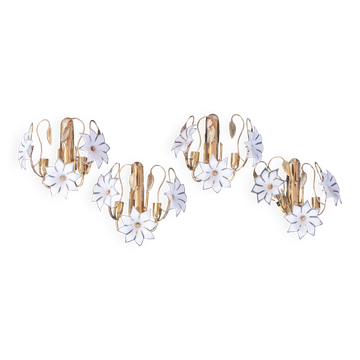Set of 4 Murano White Flowers Wall Light, 1970s