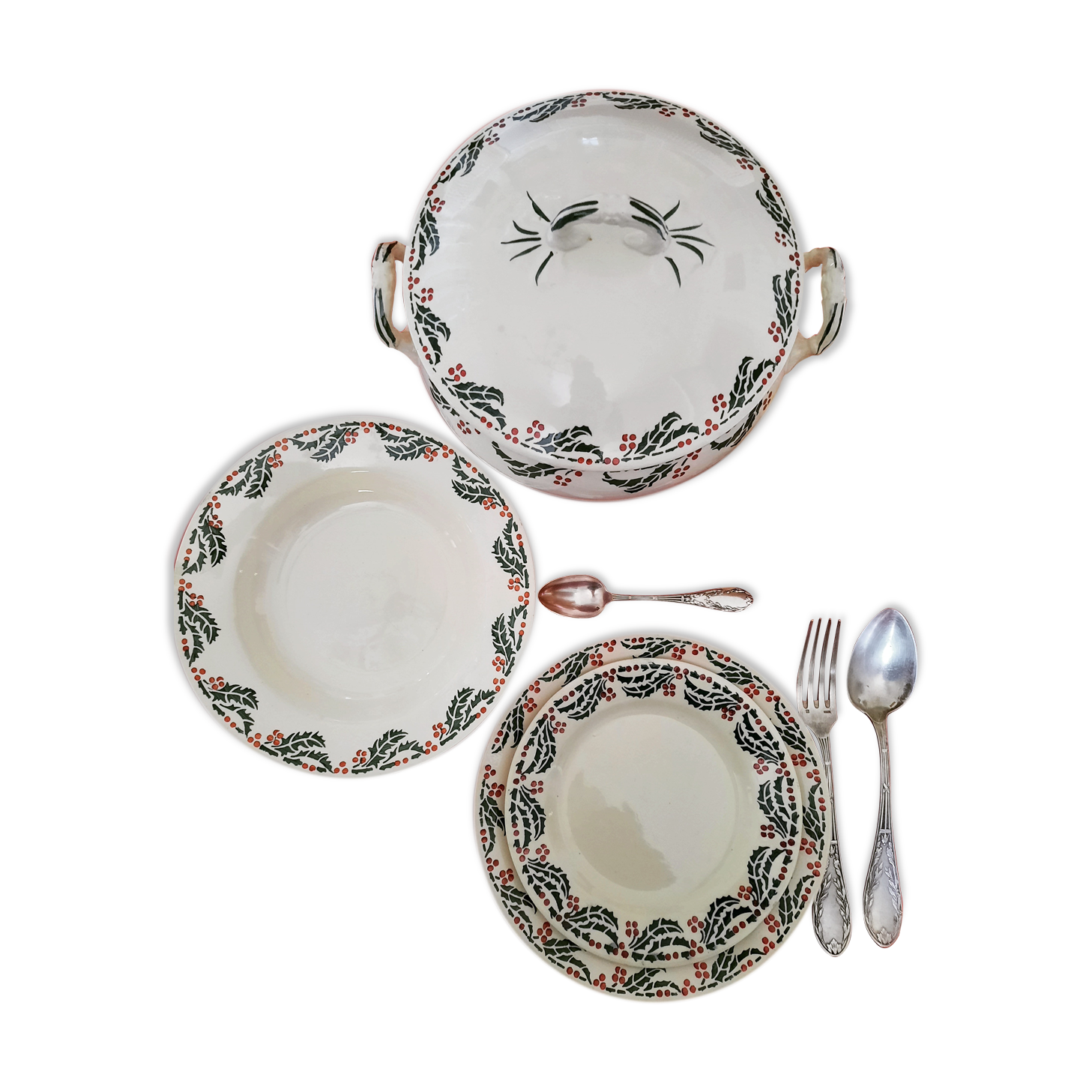 Flat, dessert, hollow plates and tureen in old earthenware