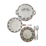 Flat, dessert, hollow plates and tureen in old earthenware