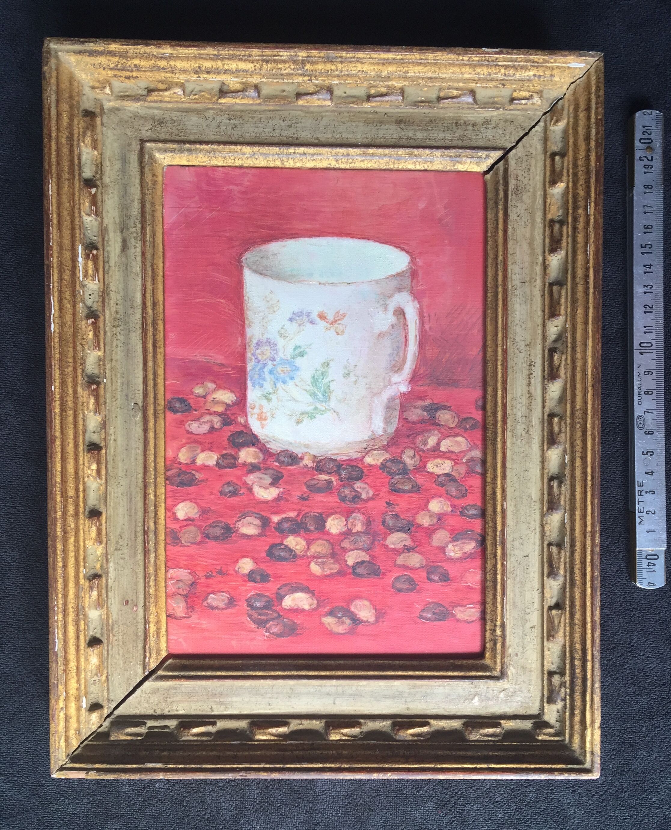 Original oil on still life canvas "La Tasse Fond Rose"