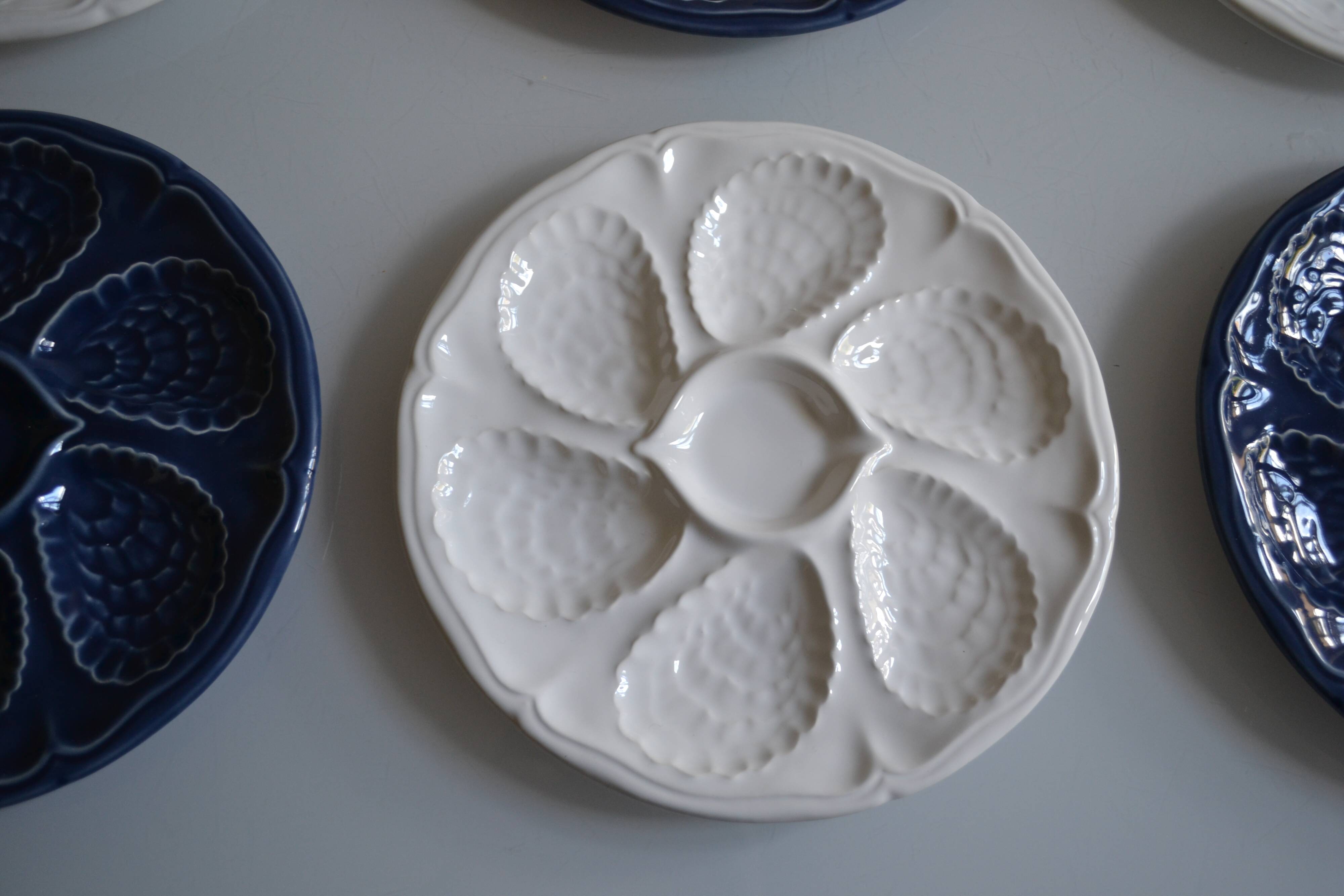 6 white porcelain oyster plates