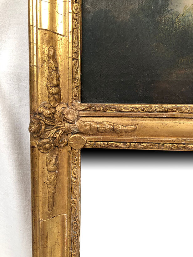 Trumeau decorated with a lively landscape, stuccoed and gilded frame 59x125cm