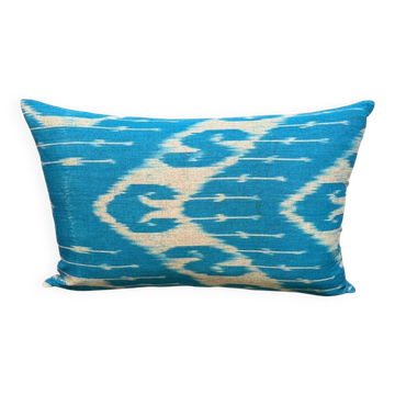 Handmade Silk Ikat Lumbar Cushion Cover, Sky Blue Oval Print Pillow Case
