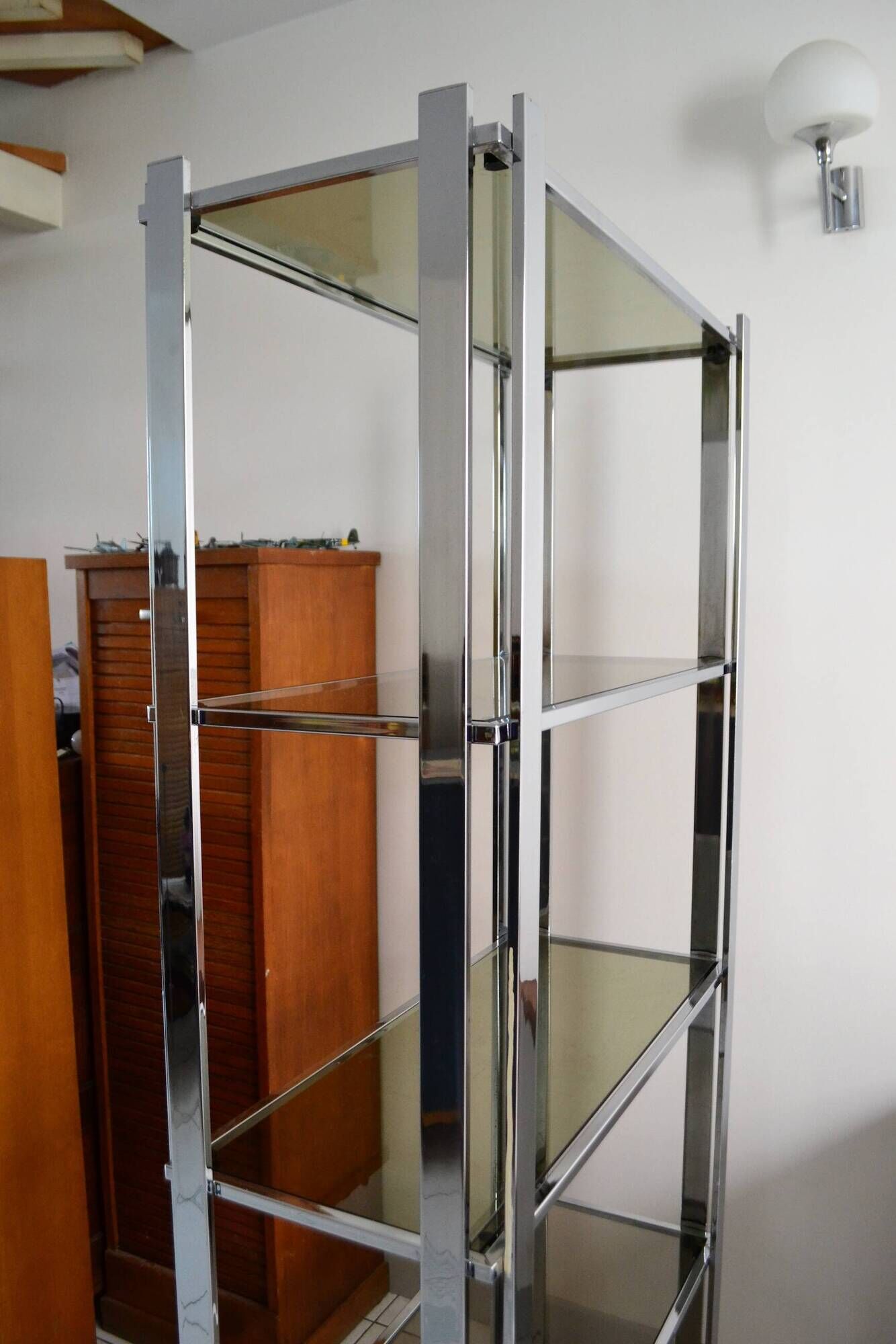 1970s smoked glass chrome bookshelf