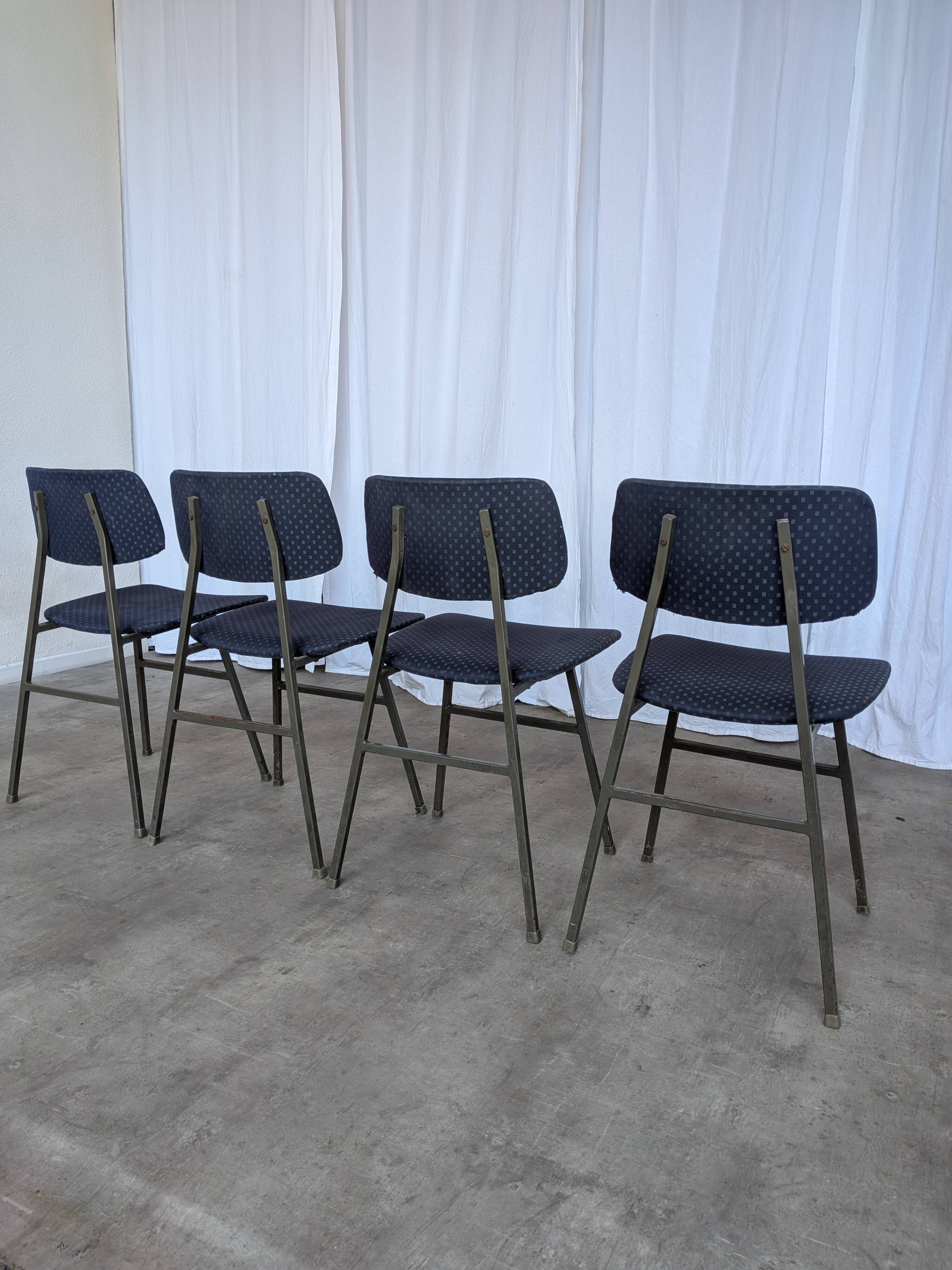 Set of 4 Vintage Stol Kamnik School Chairs Blue Upholstered Retro Dining Ch
