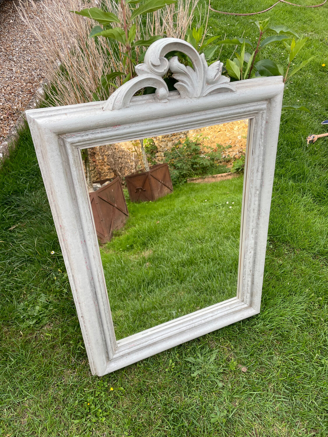 Putty gray wood mirror