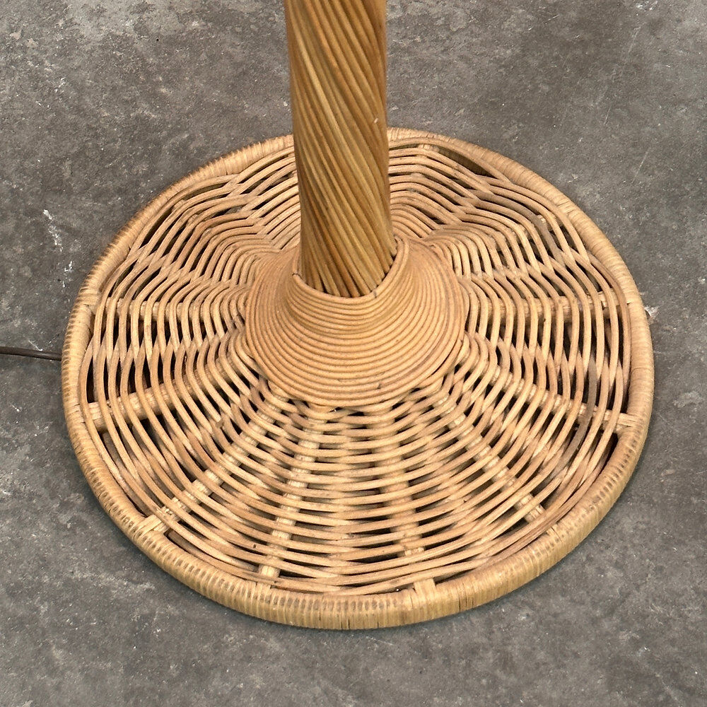 Large French rattan floor lamp, mushroom shade, vintage wicker standing lamp