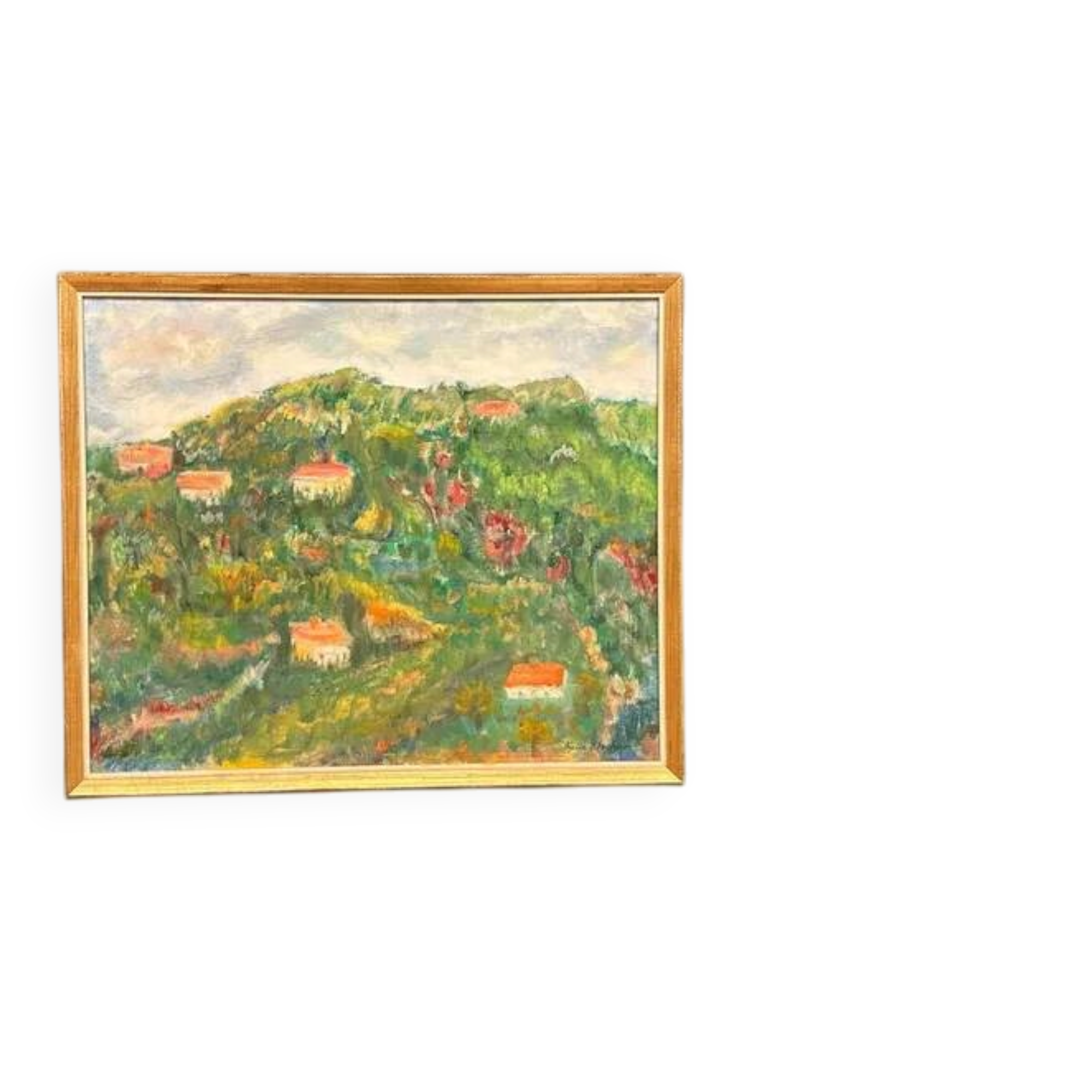 Original Swedish Oil on Canvas – “Hilly Landscape with Houses” by Lalla Blecher – Signed – Vintage & Framed