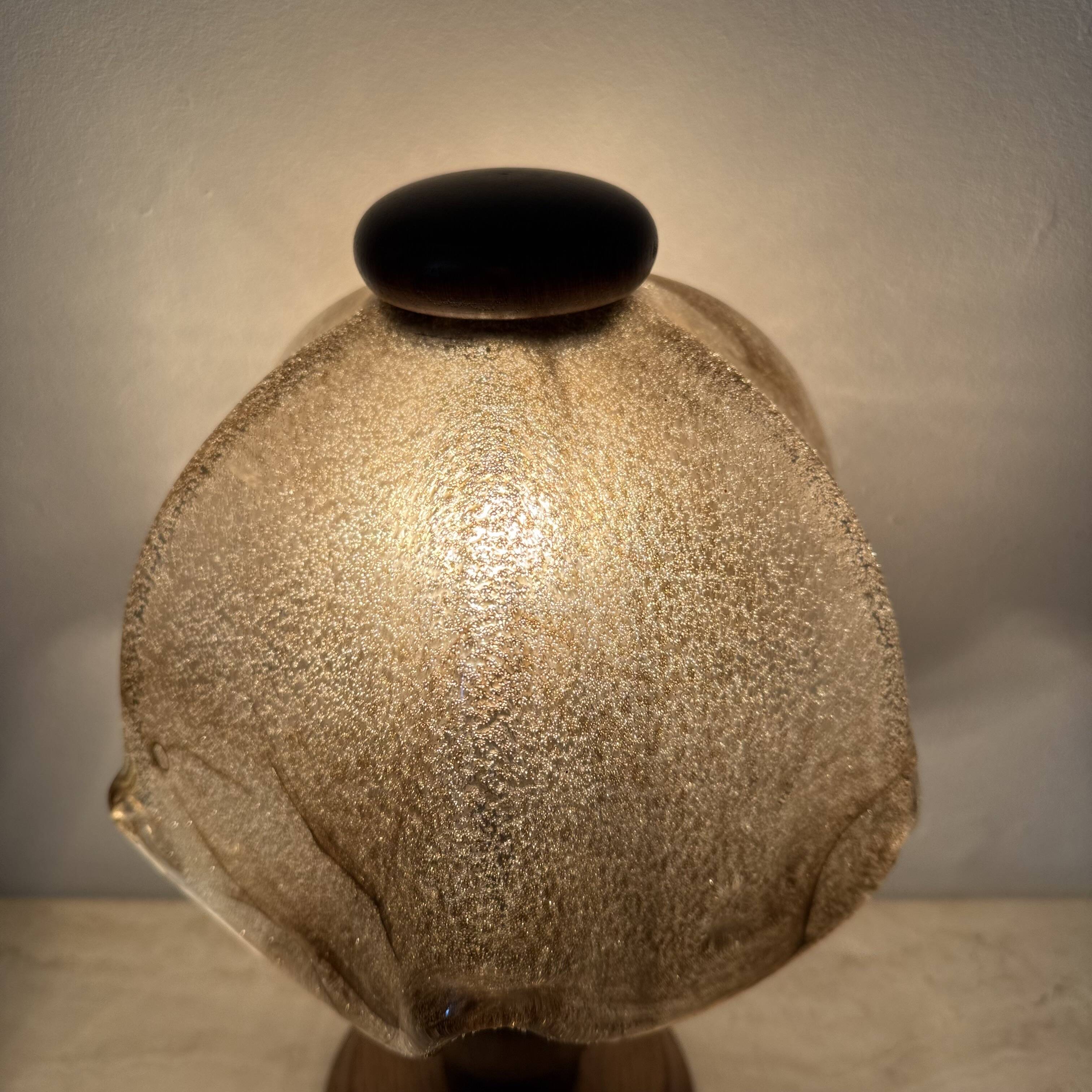 Vintage brutalist glass table lamp with solid oak wooden base , 1970s