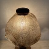 Vintage brutalist glass table lamp with solid oak wooden base , 1970s