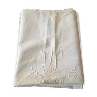 Drap ancien brodé monogramme DF fleurs et jours