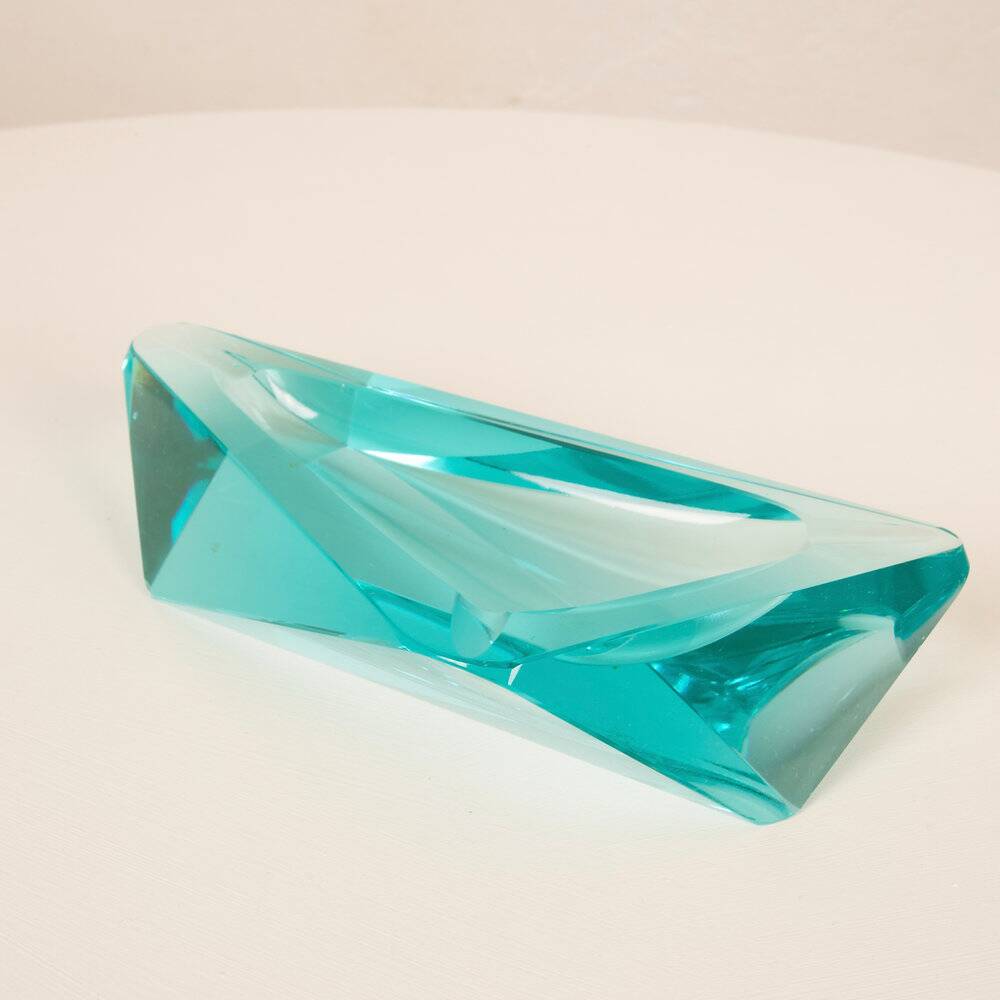 Light-blue crystal ashtray in Fontana Arte style Italy 1970s