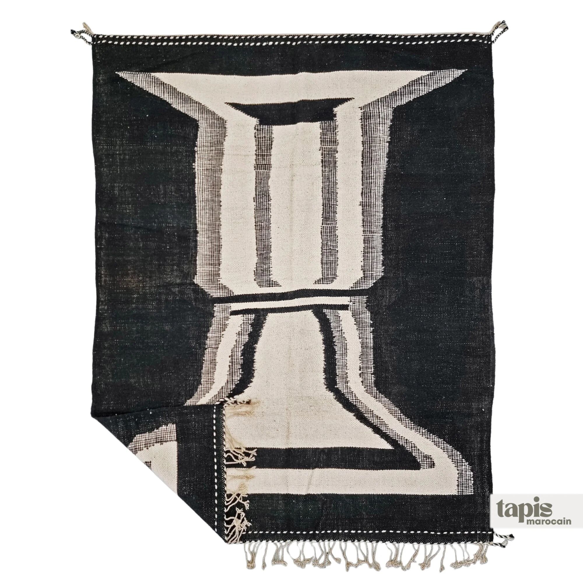 Tapis berbère sur mesure noir et blanc abstrait - Tapis Zanafi Kilim