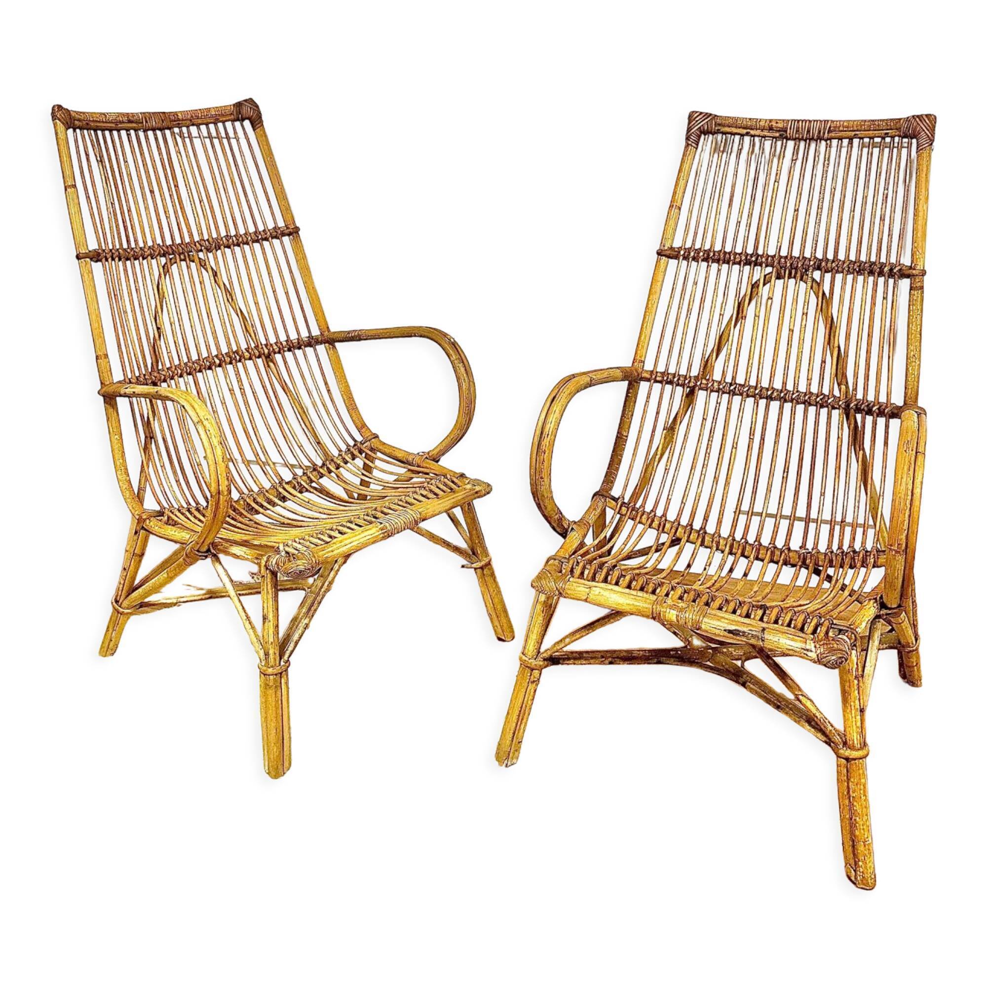 Pair vintage rattan armchairs