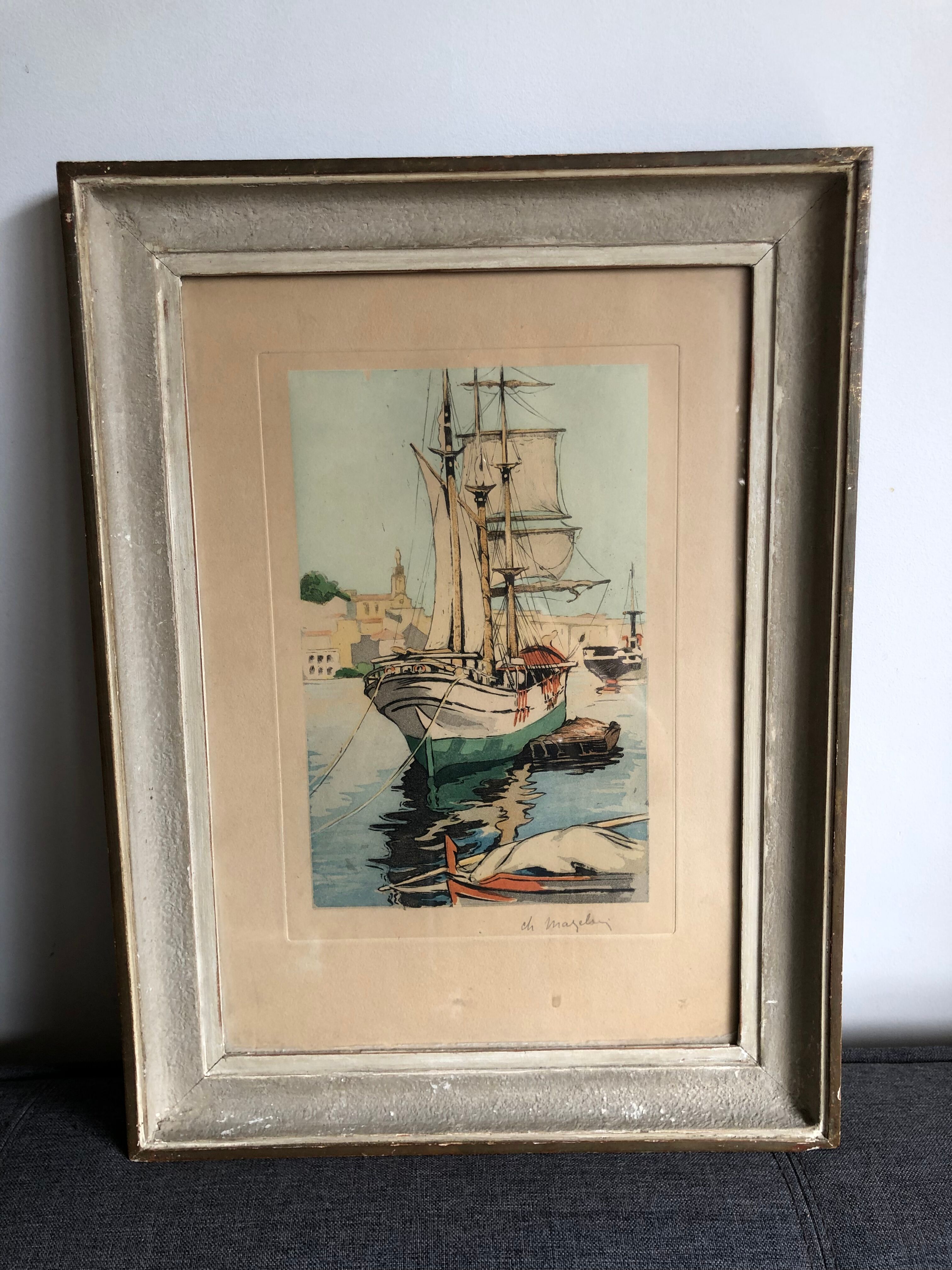 Framed engraving port landscape