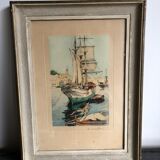 Framed engraving port landscape