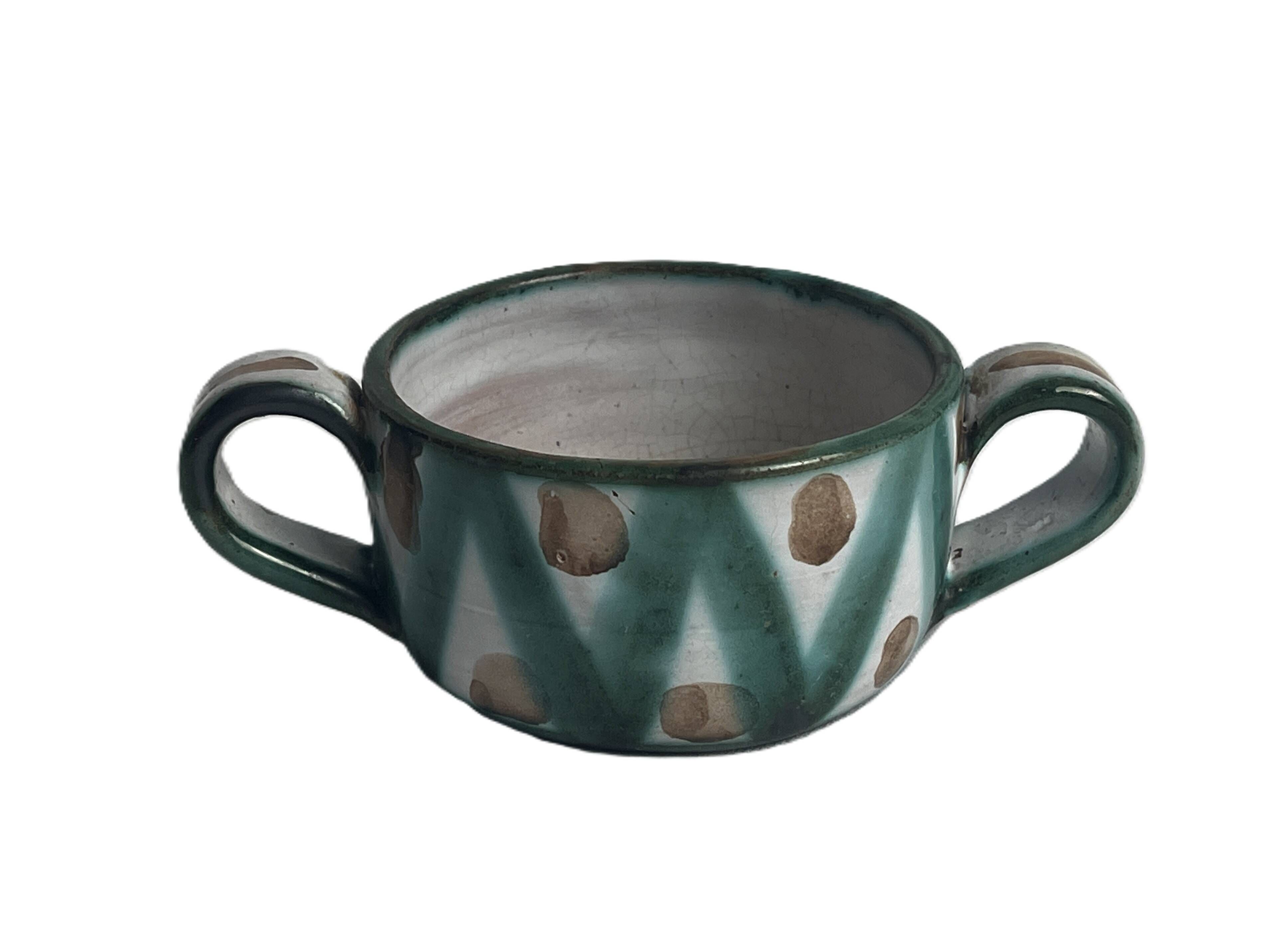 Robert Picault, bowl with two handles, polychrome earthenware, 20th century.