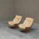Pair of Sigurd Ressell Falcon Lounge Chairs leather, canvas, birch, 1970s