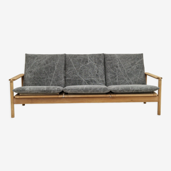 70s, Danish renovated 3 seater sofa, patinated linen furniture fabric, oak wood