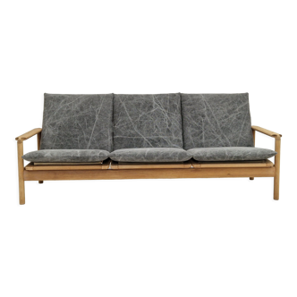 70s, Danish renovated 3 seater sofa, patinated linen furniture fabric, oak wood