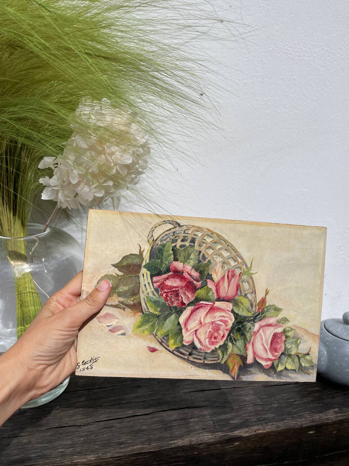 Painting basket of roses bouquet 1945 signed