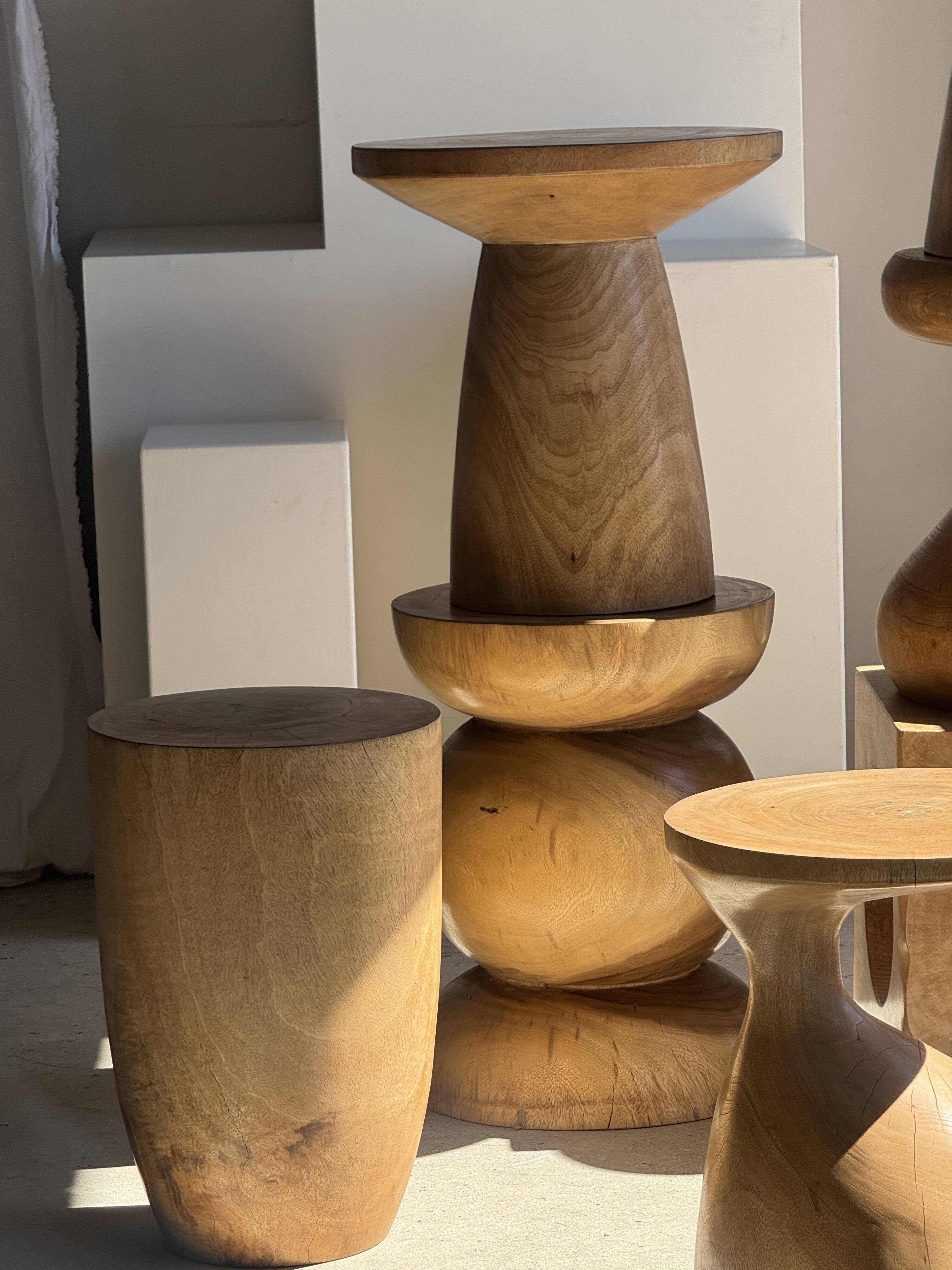 Stool, side table, cylindrical solid mango wood end table.