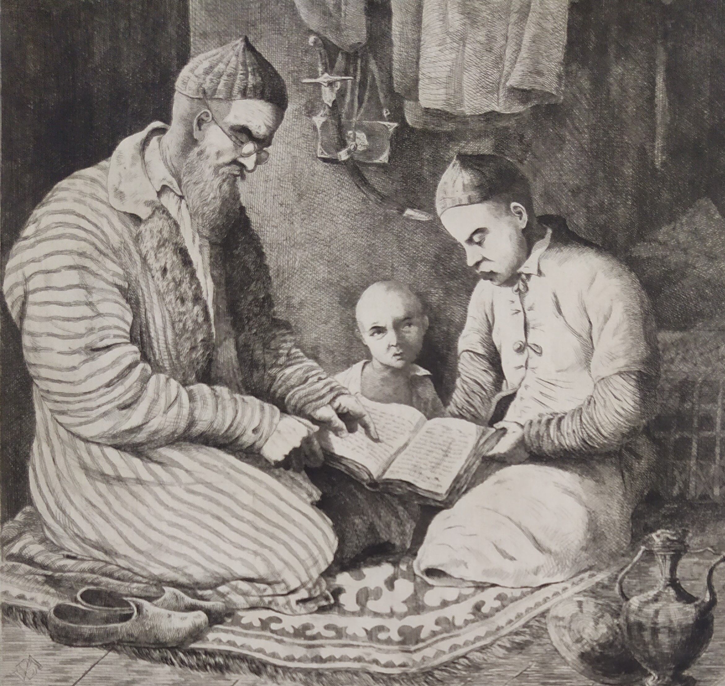 Engraving XIXth "Reading lesson in Orenburg & Country Ugsters"