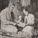 Engraving XIXth "Reading lesson in Orenburg & Country Ugsters"