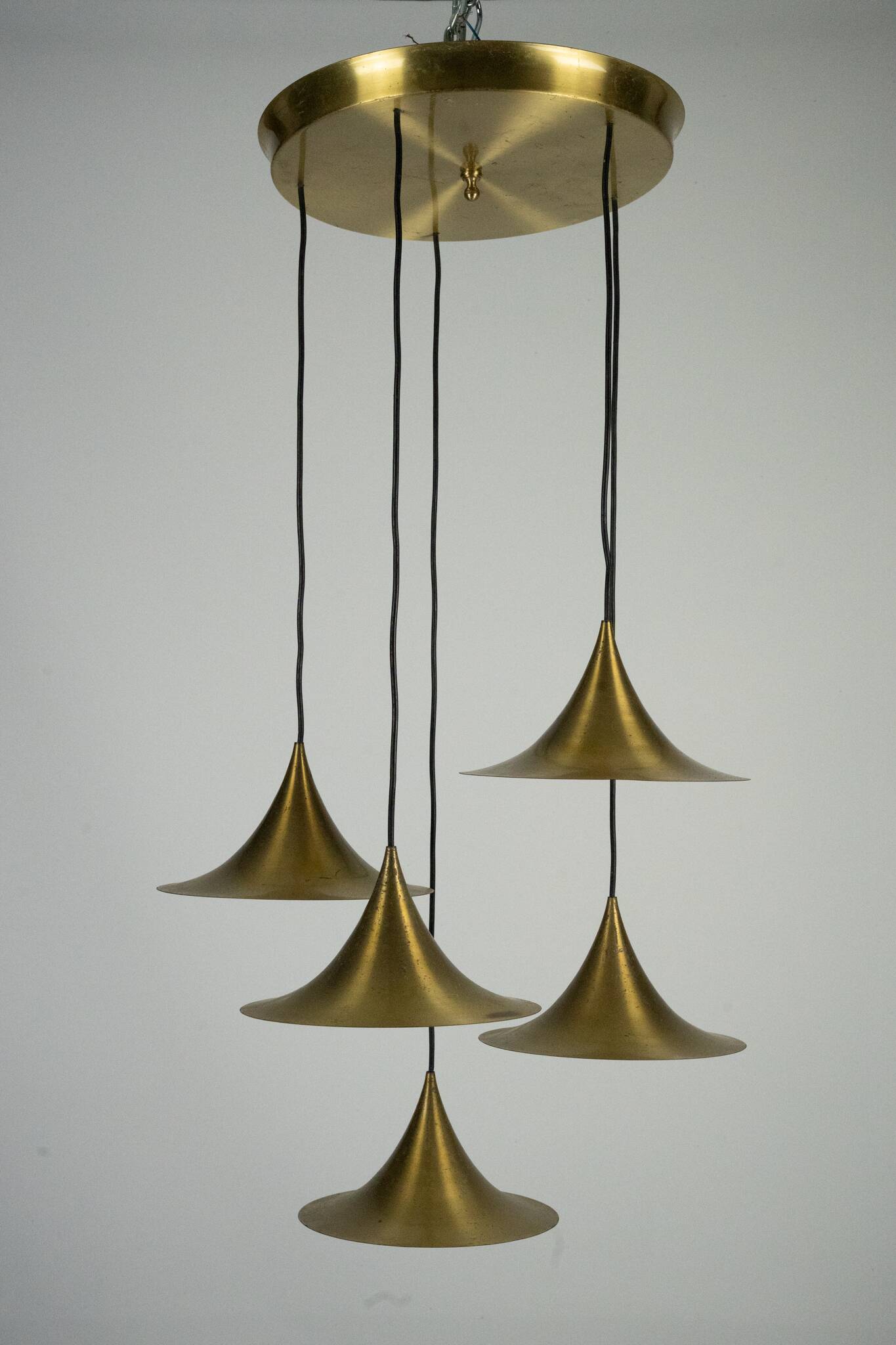 Fog & Morup, Midcentury Brass Pendant with Five Pendant Drops. Danmark 1960
