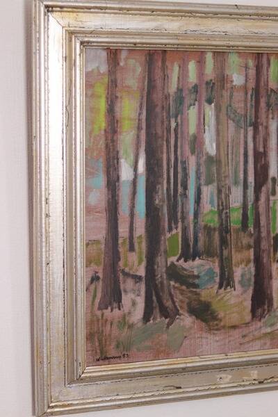 Original mid-century Swedish oil on panel – “Tree Trunks” by Harry Wichmann – dated 1953 – vintage & framed – 69 × 71 cm