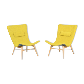 Yellow and Blue mid century armchairs, made in 1950s Czechia. Fully restored.