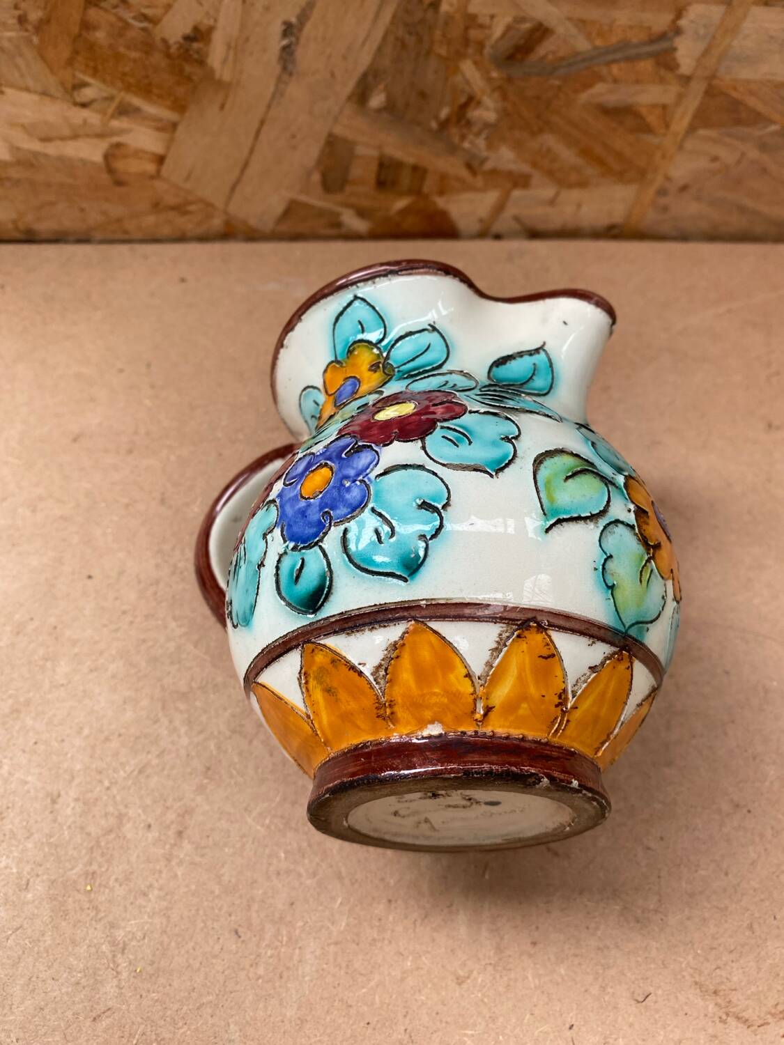 Antique cerart monaco ceramic pitcher chiseled flower decor 70's vintage