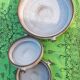 Set of 3 dishes in varnished pyrity sandstone, cream and brown