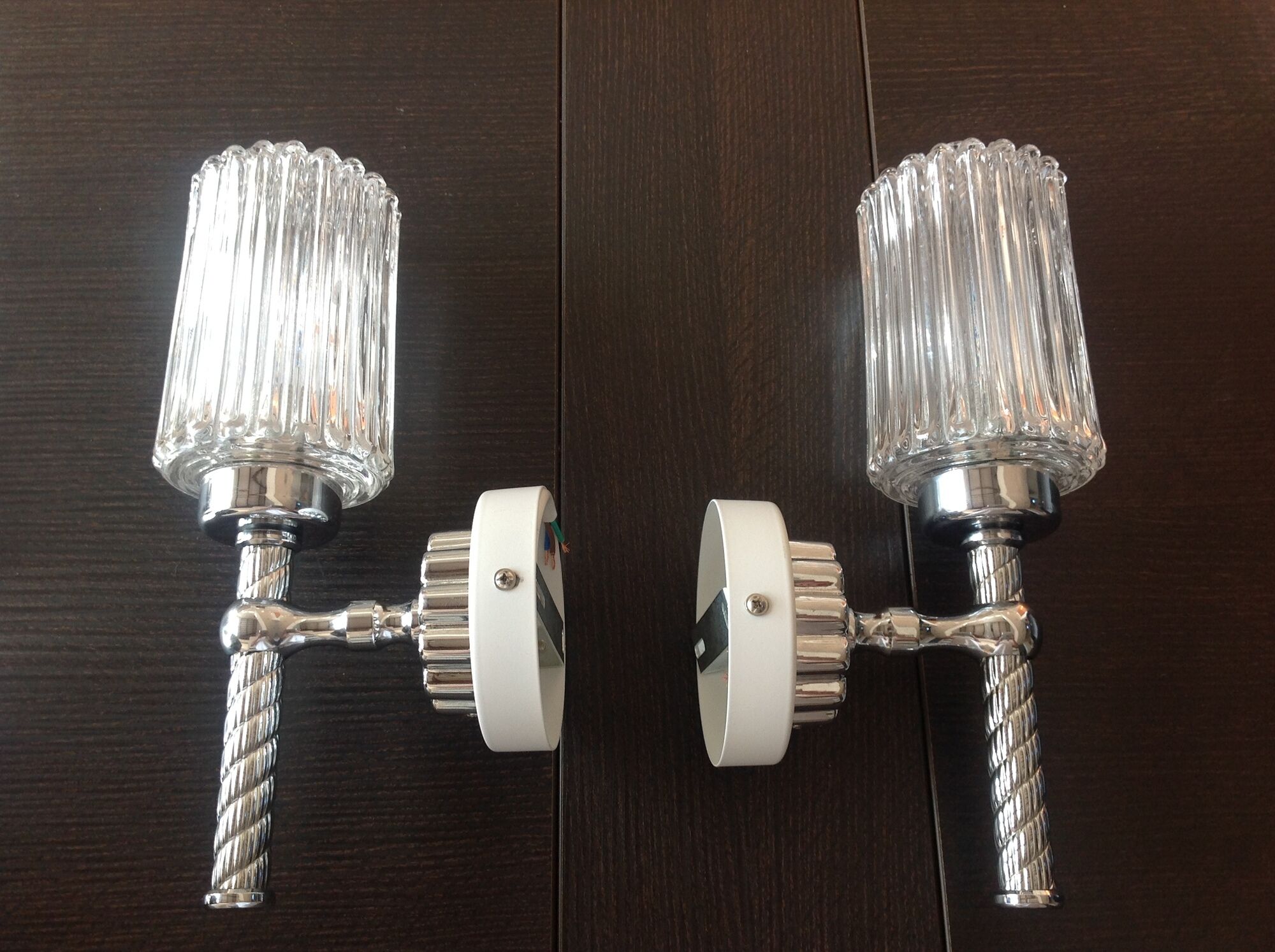 Pair of torch  in glass and chrome metal / vintage 70s wall light
