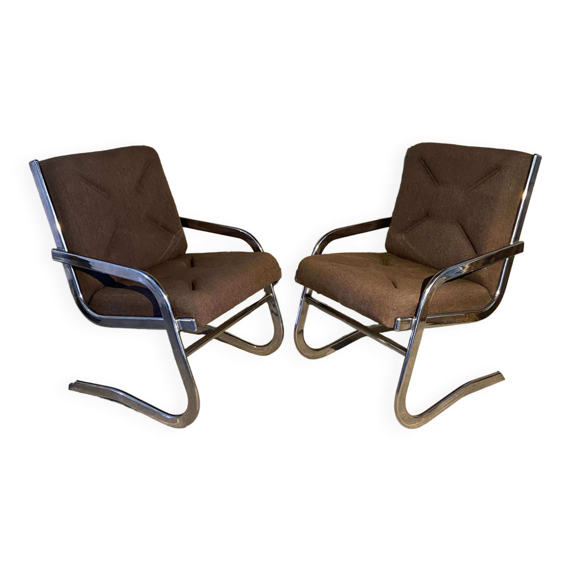 Pair of 70s designer armchairs/chairs in chrome and brown fabric