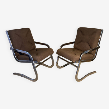 Pair of 70s designer armchairs/chairs in chrome and brown fabric