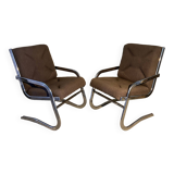 Pair of 70s designer armchairs/chairs in chrome and brown fabric