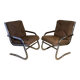 Pair of 70s designer armchairs/chairs in chrome and brown fabric