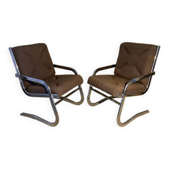 Pair of 70s designer armchairs/chairs in chrome and brown fabric