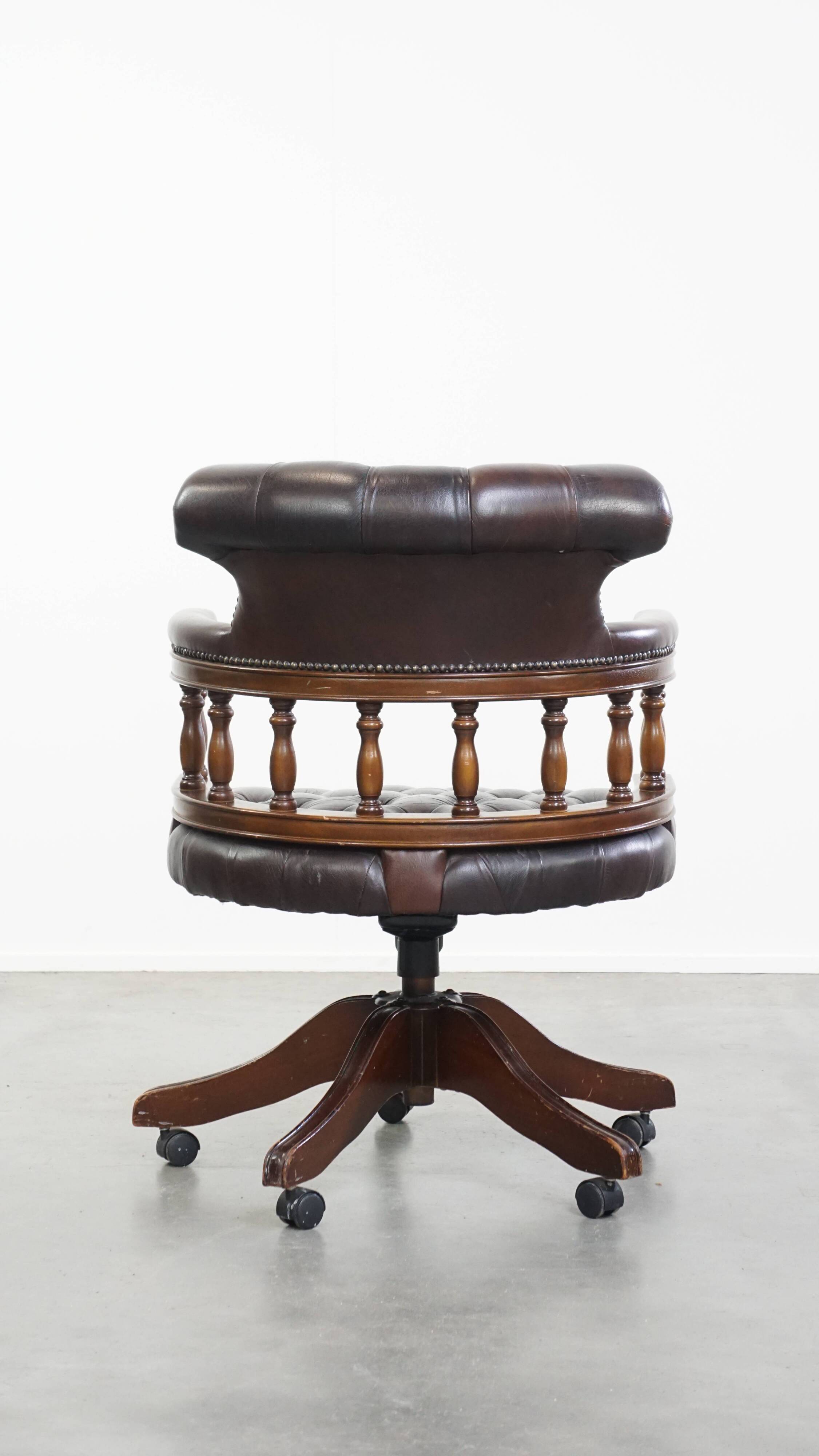 Chesterfield Office Chair on Wheels in Dark Brown Cowhide Leather