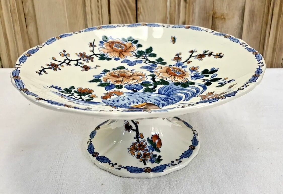 Compotier fruit cutters on pedestal Gien rooster and peonies 1938 1960