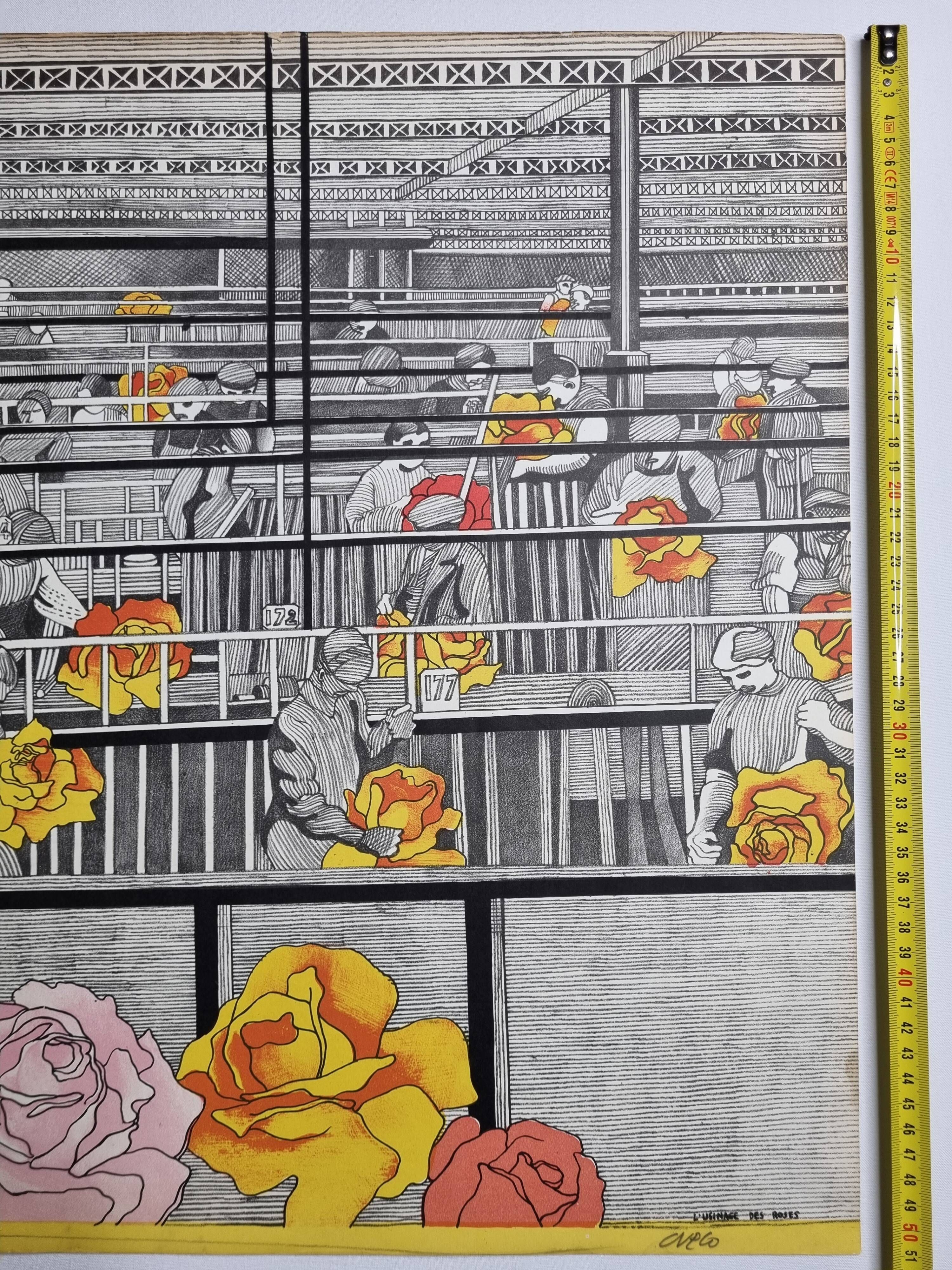 Original lithograph signed after Henri Cueco, "l'usinage des roses", 1969, 64 x 51 cm