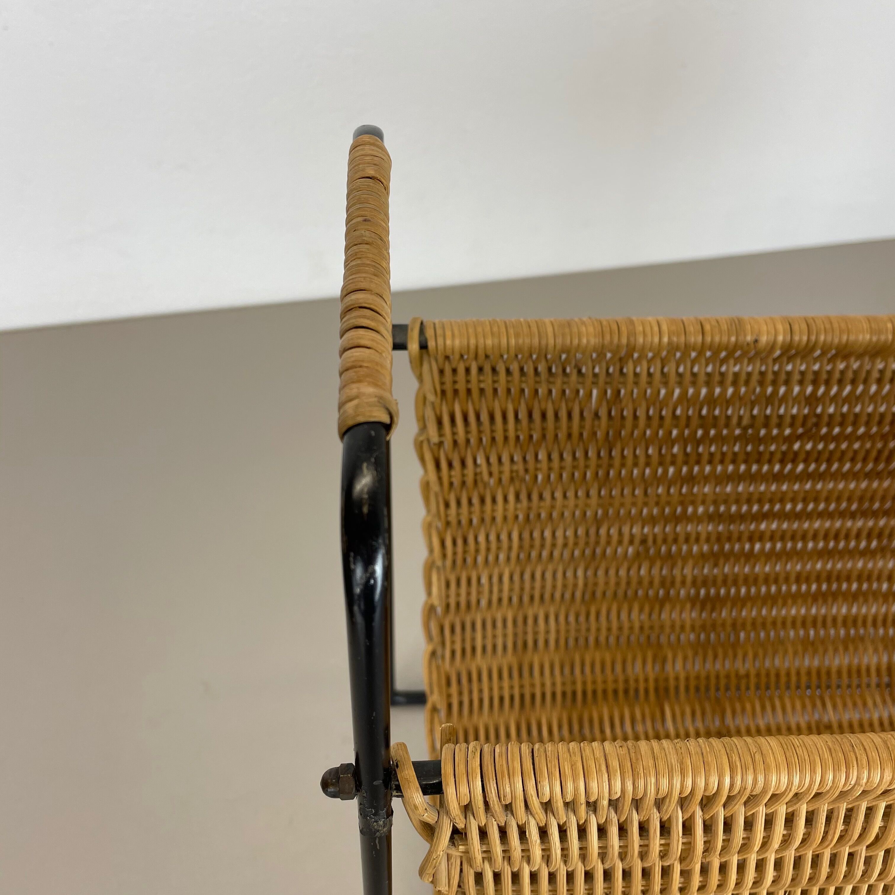 Aubock Style Mid-Century Rattan Bauhaus Magazine Holder, France, 1950s